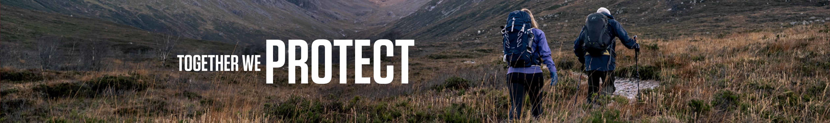 Together we protect message on the background of two people walking away with rucksacks on their backs.